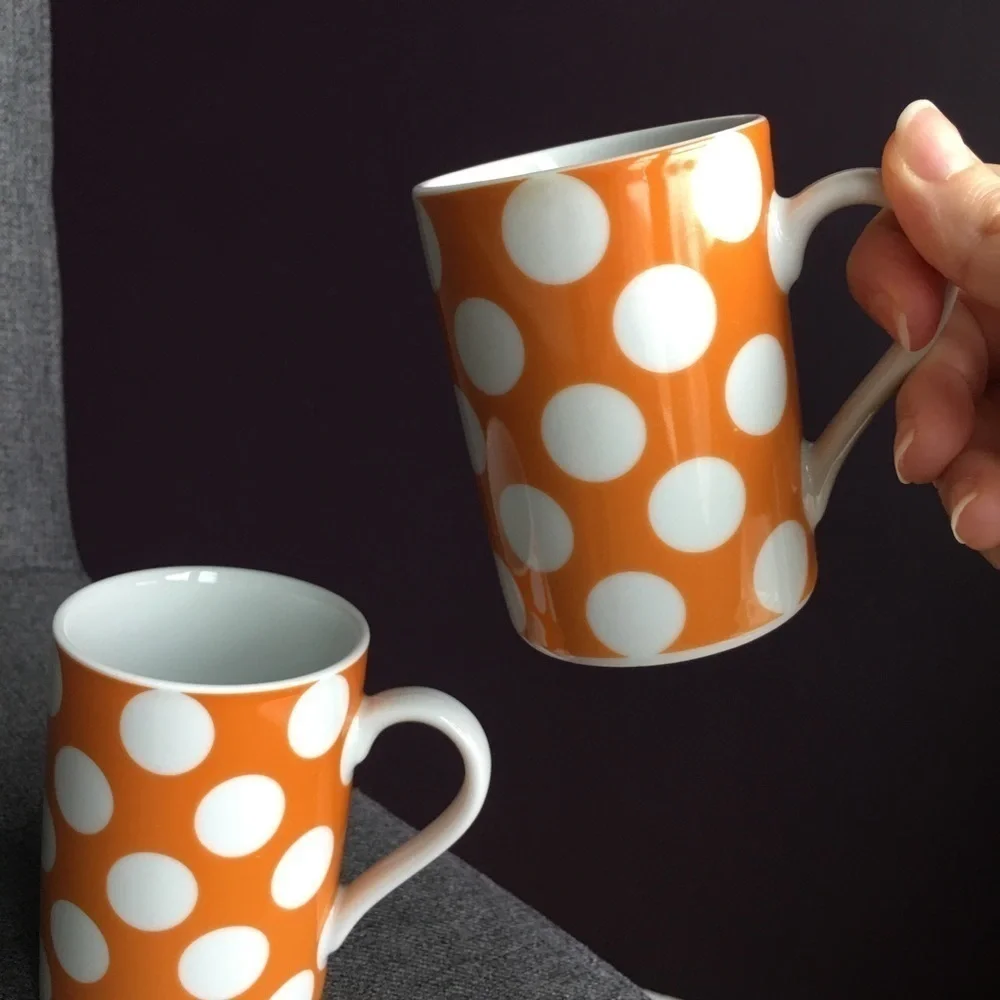 Set/2 Polka Dot Coffee Mugs, Yellow, White, 10 oz